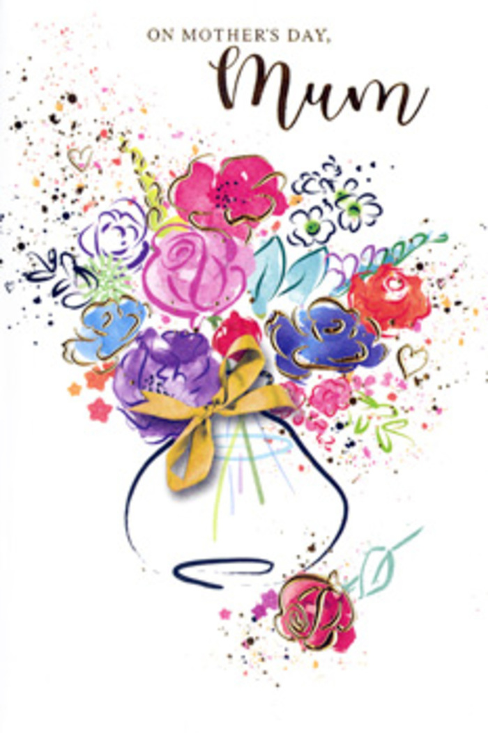 Expressive Mother's Day card design portraying an artistic bouquet that seems to have been painted in swift, confident gestures, much like a florist in Westminster planning a new window display. Bright dabs of hot pink, richly toned indigo, warm apricot, and fresh chartreuse are layered one over another, their colours merging slightly at the edges to evoke petals in gentle motion. The blooms themselves are more suggestion than strict representation, emerging from overlapping pools of pigment that hint at roses, garden flowers, and soft spring blossoms, all gathered together in a single joyful cluster. Fine, shimmering strokes of gold outline and accent certain petals and leaves, as though tracing the invisible warmth of a mother's embrace or catching the glow of late afternoon light in St James's Park. Surrounding the main bouquet, the artist has left generous white space, punctuated by playful flecks of paint and small heart-shaped marks that echo the mingled laughter and emotion of a family Mother's Day gathering. The vase below is elegantly understated, indicated with smooth, translucent washes that suggest a curved ceramic or glass form and finished with a neat golden bow, reminiscent of the careful ribbon work that completes a hand-tied bouquet delivered around Pimlico or Millbank. The composition radiates gratitude and admiration, balancing exuberant colour with intentional design. It feels like a keepsake sketch brought to life, a bouquet that flourishes on paper in the same way fresh arrangements from Florist Westminster brighten local homes, offering a lasting visual memory of love and appreciation.
