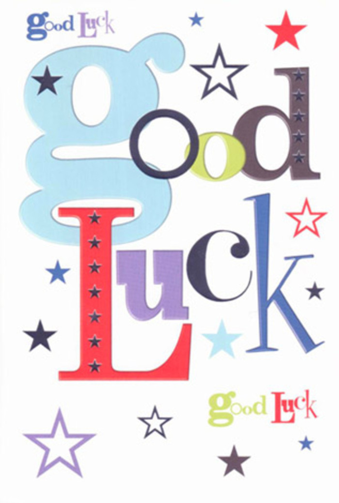 The image captures a vibrant good luck card whose design feels as animated as a crowd of well-wishers gathered along the streets of Westminster on a bright morning. Set against a pure white background, the phrase Good Luck is pieced together from a lively assortment of letters, each in a different colour and style, giving the sense that they are happily jostling for space. Some letters are wide and pastel blue, others slender and ink-black, while exuberant reds, mossy greens, and deep purples bring warmth and depth-much like the mix of tones in a hand-tied bouquet overflowing with seasonal blooms. Between and around these letters, clusters of stars spray outward in all directions. They are printed in an array of hues-navy, indigo, sky-blue, lilac, lemon-lime, and softer misty shades-creating the illusion of a playful star shower drifting across the white card, reminiscent of fireworks reflected on the Thames or the festive lights near Trafalgar Square. The stars vary in boldness; some are crisp and dark, others faint and delicate, giving a layered sense of depth even on the flat surface. Although you can't feel it, the smooth, thick cardstock suggests a satisfying weight in the hand, like the reassuring heft of a well-made bouquet ready for delivery across nearby neighbourhoods. The lighting is bright and even, with no harsh shadows, so every colour and outline is clearly visible, echoing the clean, uncluttered styling often chosen by card buyers popping into shops near Parliament Square or the streets leading toward St James's Park. Emotionally, the card feels like a small, cheering crowd in paper form-gentle, hopeful, and genuinely pleased for the person receiving it. It's easy to imagine this card tucked among fresh flowers, offering encouragement for a new job, a big audition, or a brave new move within the city, quietly affirming that luck and support are firmly on their side.